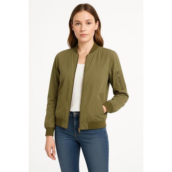 Dear John Olive Green Zippered Front Ribbed Cuffs Casual Bomber Jacket Medium - Picture 1 of 8
